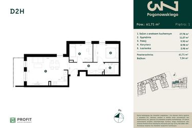 Rzut - Mieszkanie na sprzedaż 3 pokoje o powierzchni 61,93 m² - numer D-2H w Pogonowskiego 73