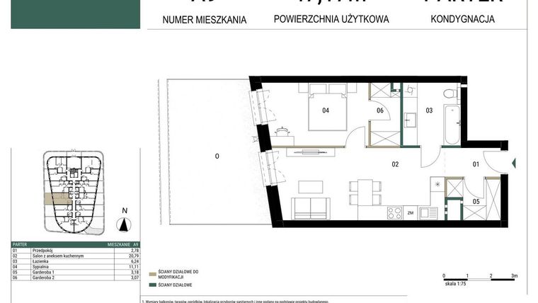 Rzut - Mieszkanie na sprzedaż 2 pokoje o powierzchni 47,17 m² - numer A9 w Drago