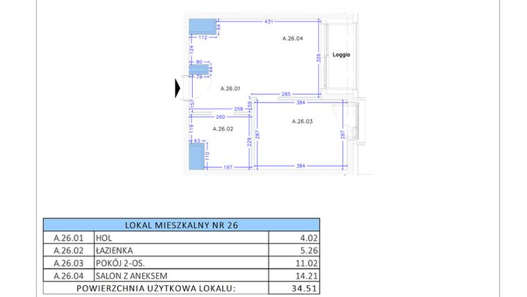 Rzut - Mieszkanie na sprzedaż 2 pokoje o powierzchni 34,51 m² - numer A.26 w Gaja Park
