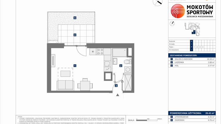 Rzut - Mieszkanie na sprzedaż 1 pokój o powierzchni 29,43 m² - numer D.1 w Mokotów Sportowy 1.1B