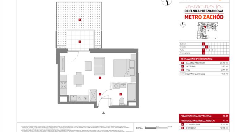 Rzut - Mieszkanie na sprzedaż 1 pokój o powierzchni 29,37 m² - numer D.42 w Dzielnica Mieszkaniowa Metro Zachód - etap 8.2
