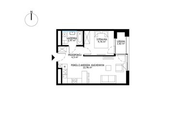 Rzut - Mieszkanie na sprzedaż 2 pokoje o powierzchni 41,19 m² - numer M113 w KrakoVska etap 2