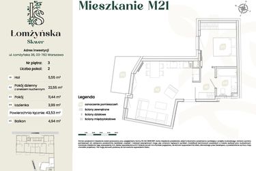 Rzut - Mieszkanie na sprzedaż 2 pokoje o powierzchni 43,53 m² - numer 21 w Łomżyńska Skwer