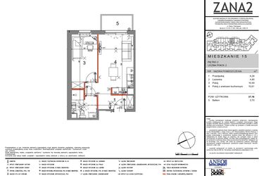 Rzut - Mieszkanie na sprzedaż 2 pokoje o powierzchni 37,16 m² - numer 15 w Zana 2