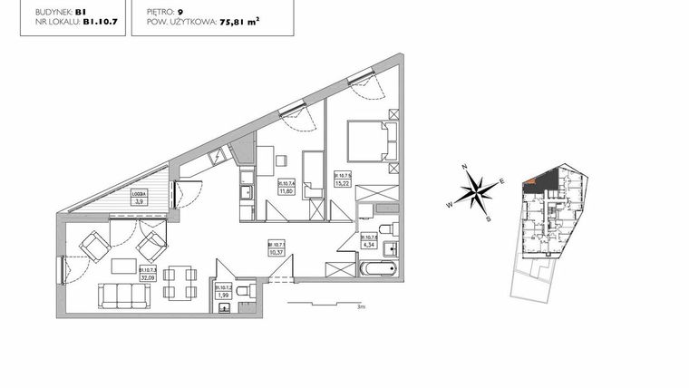 Rzut - Mieszkanie na sprzedaż 3 pokoje o powierzchni 75,81 m² - numer B1.10.7 w Alvarium 2.0