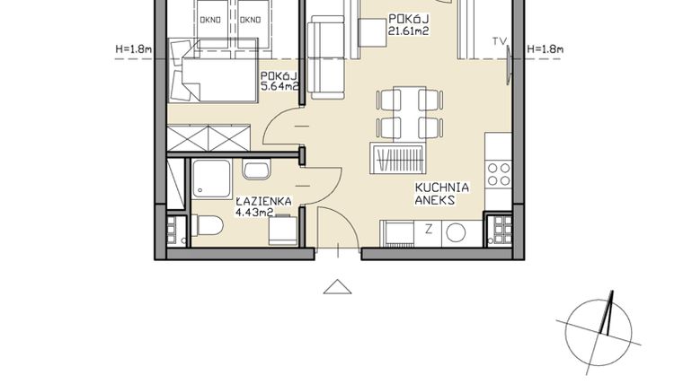Rzut - Mieszkanie na sprzedaż 2 pokoje o powierzchni 31,68 m² - numer 30 w Apartamenty Zdrój