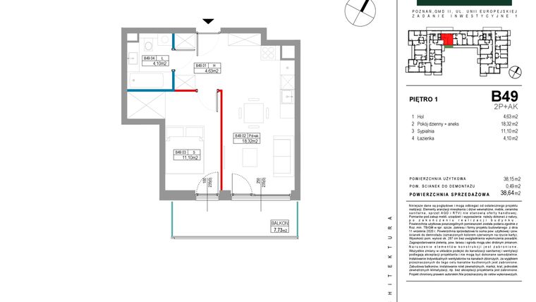 Rzut - Mieszkanie na sprzedaż 2 pokoje o powierzchni 38,15 m² - numer B049 w Grunwald Między Drzewami etap II