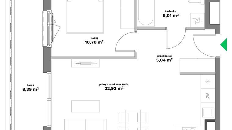 Rzut - Mieszkanie na sprzedaż 2 pokoje o powierzchni 43,68 m² - numer B2-34 w Forma Otwarta etap II