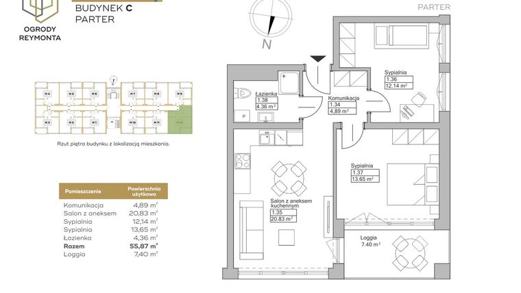 Rzut - Mieszkanie na sprzedaż 3 pokoje o powierzchni 55,87 m² - numer M10 w Ogrody Reymonta