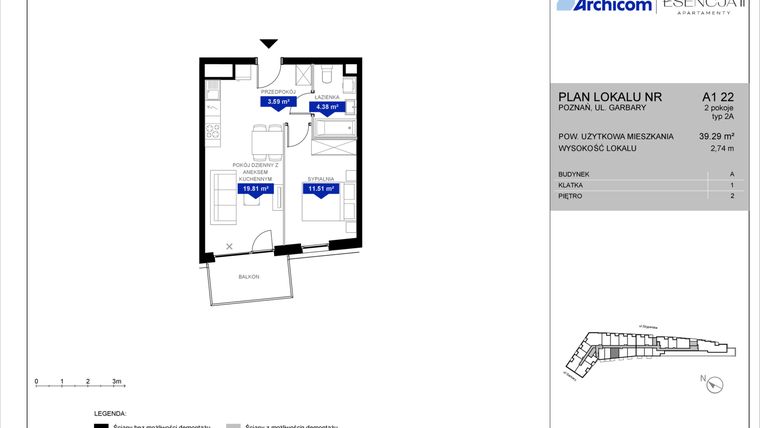 Rzut - Mieszkanie na sprzedaż 2 pokoje o powierzchni 39,29 m² - numer A1.22 w Apartamenty Esencja II