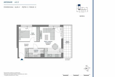 Rzut - Mieszkanie na sprzedaż 2 pokoje o powierzchni 46,8 m² - numer A.2.3 w Linea bud. A