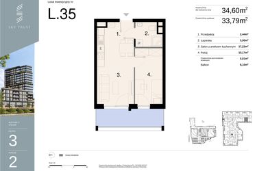 Rzut - Mieszkanie na sprzedaż 2 pokoje o powierzchni 34,6 m² - numer L35 w Sky Trust etap II - Apartamenty inwestycyjne