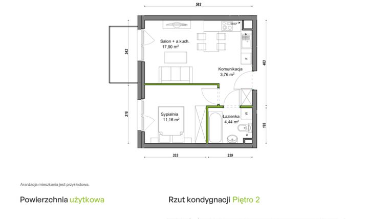 Rzut - Mieszkanie na sprzedaż 2 pokoje o powierzchni 37,26 m² - numer E1/D/07 w Orawska Vita