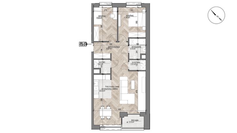 Rzut - Mieszkanie na sprzedaż 3 pokoje o powierzchni 74,05 m² - numer 26 w Apartamenty Czysta