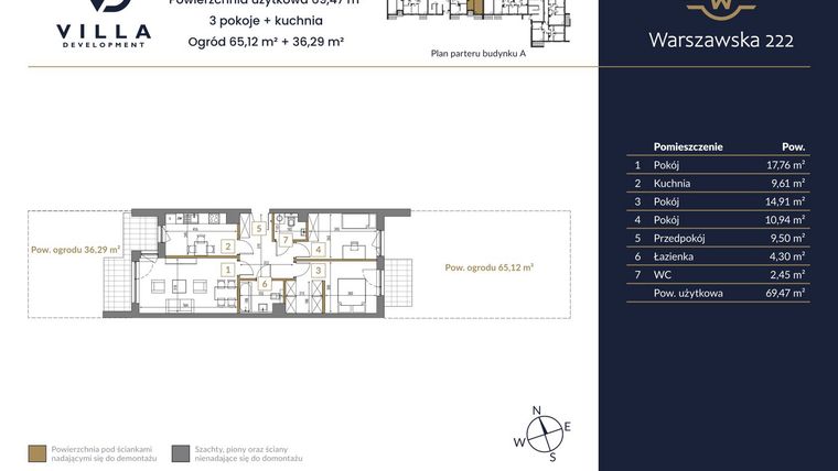 Rzut - Mieszkanie na sprzedaż 3 pokoje o powierzchni 69,47 m² - numer 42A w Warszawska 222