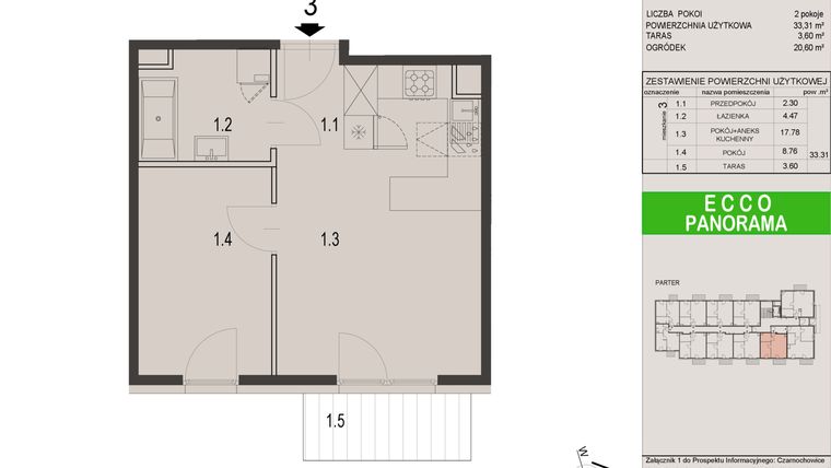 Rzut - Mieszkanie na sprzedaż 2 pokoje o powierzchni 33,31 m² - numer 3C w Ecco Panorama etap II budynki C, D