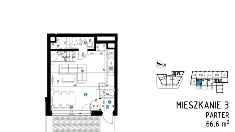 Rzut - Mieszkanie na sprzedaż 3 pokoje o powierzchni 66,6 m² - numer 6A.3 w Parkowa 6AC - ETAP III