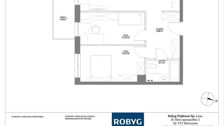 Rzut - Mieszkanie na sprzedaż 3 pokoje o powierzchni 61,37 m² - numer 1M05 w Piątkowo Residence