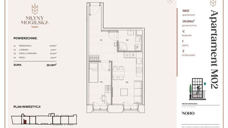 Rzut - Mieszkanie na sprzedaż 2 pokoje o powierzchni 39,23 m² - numer C.2 w Młyny Mogilska