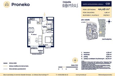 Rzut - Mieszkanie na sprzedaż 2 pokoje o powierzchni 44,49 m² - numer C51 w Osiedle Kompas