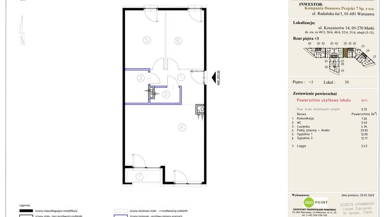 Rzut - Mieszkanie na sprzedaż 3 pokoje o powierzchni 69,11 m² - numer 30 w Markowy Targówek