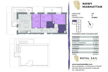 Rzut - Mieszkanie na sprzedaż 4 pokoje o powierzchni 72,44 m² - numer B.M.3.9 w Nowy Manhattan
