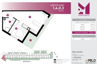 Rzut - Mieszkanie na sprzedaż 2 pokoje o powierzchni 38,83 m² - numer 1.A.0.3 w Maślice Wrocław Milo Dobry Deweloper etap IV