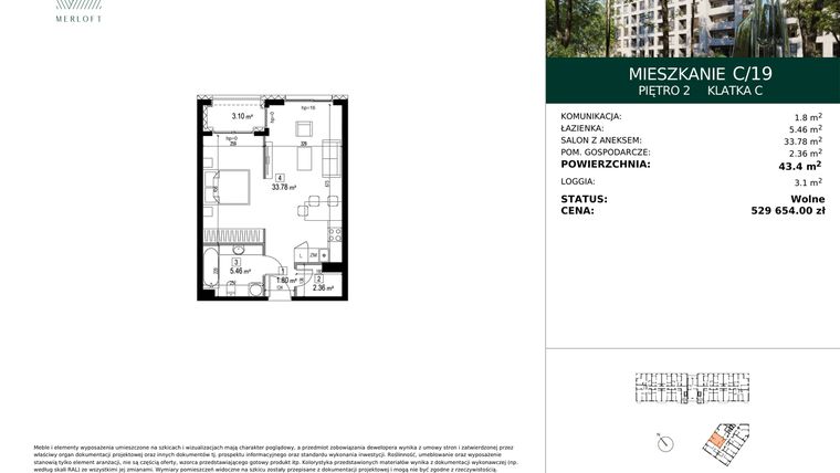 Rzut - Mieszkanie na sprzedaż 1 pokój o powierzchni 43,4 m² - numer C/19 w Merloft