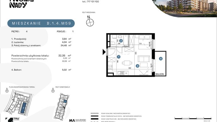 Rzut - Mieszkanie na sprzedaż 1 pokój o powierzchni 32,36 m² - numer B.1.4.M59 w Nowe Promenady etap II