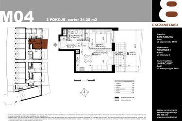 Rzut - Mieszkanie na sprzedaż 2 pokoje o powierzchni 34,35 m² - numer M04 w Sczanieckiej 8