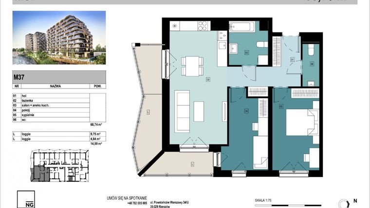 Rzut - Mieszkanie na sprzedaż 3 pokoje o powierzchni 68,74 m² - numer C37 w Panorama Kwiatkowskiego
