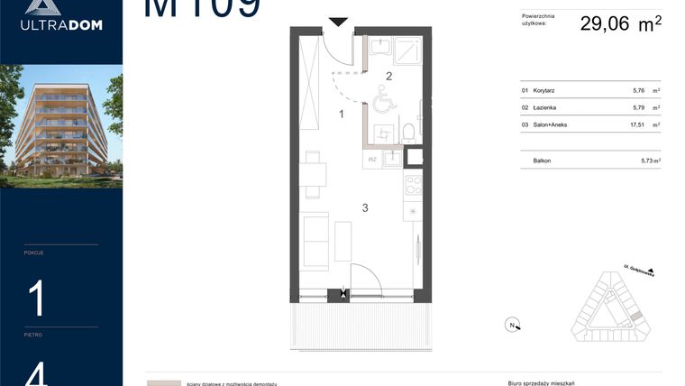 Rzut - Mieszkanie na sprzedaż 1 pokój o powierzchni 29,06 m² - numer M109 w Ultradom