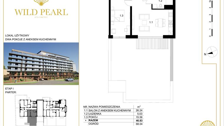 Rzut - Mieszkanie na sprzedaż 2 pokoje o powierzchni 46,83 m² - numer 0.1 w Wild Pearl