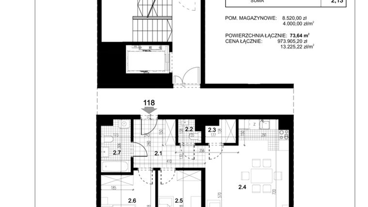 Rzut - Mieszkanie na sprzedaż 3 pokoje o powierzchni 73,64 m² - numer C.118 w Przewóz 4