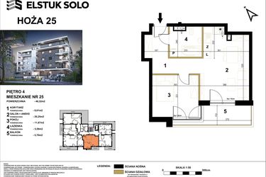 Rzut - Mieszkanie na sprzedaż 2 pokoje o powierzchni 46,32 m² - numer 25 w Hoża 25