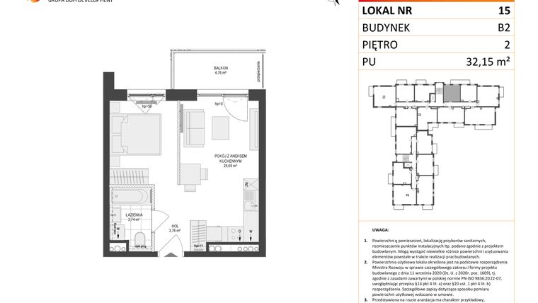 Rzut - Mieszkanie na sprzedaż 1 pokój o powierzchni 32,15 m² - numer 15 w Locus 2 bud. B2