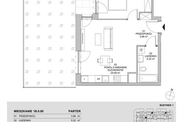 Rzut - Mieszkanie na sprzedaż 2 pokoje o powierzchni 46,85 m² - numer 1B.0.88 w Francuska Park VIIIB