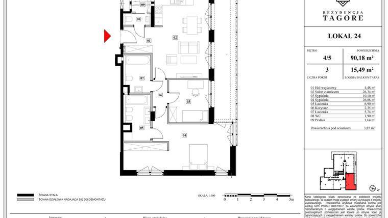 Rzut - Mieszkanie na sprzedaż 3 pokoje o powierzchni 90,18 m² - numer A.4.24 w Rezydencja Tagore