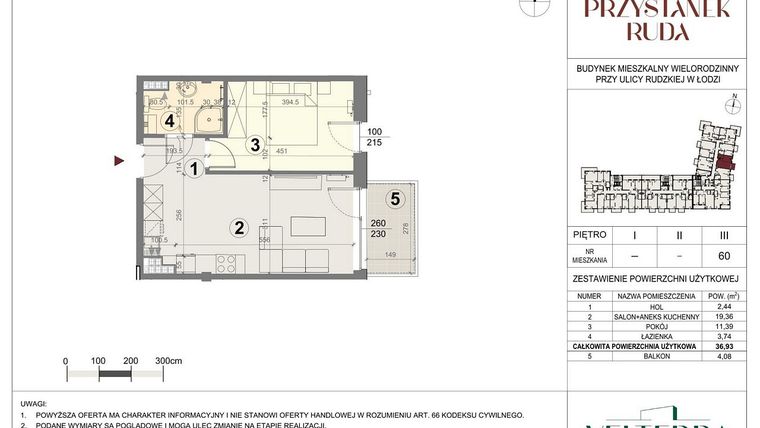 Rzut - Mieszkanie na sprzedaż 2 pokoje o powierzchni 36,91 m² - numer 60 w Przystanek Ruda