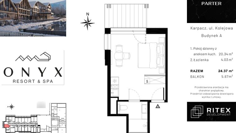 Rzut - Mieszkanie na sprzedaż 1 pokój o powierzchni 24,53 m² - numer NR 0.A8 w Onyx Resort & Spa