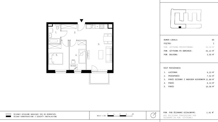 Rzut - Mieszkanie na sprzedaż 3 pokoje o powierzchni 53,22 m² - numer 1.A4-95 w Jurowiecka 22