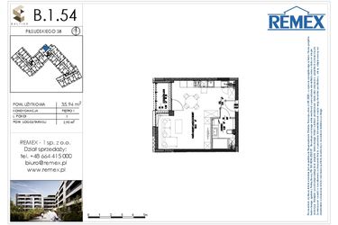 Rzut - Mieszkanie na sprzedaż 1 pokój o powierzchni 35,8 m² - numer B.1.54 w Osiedle BALTICA
