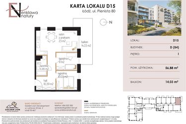 Rzut - Mieszkanie na sprzedaż 3 pokoje o powierzchni 56,88 m² - numer D15 w Enklawa Natury