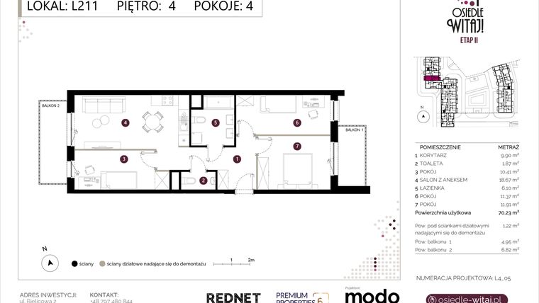 Rzut - Mieszkanie na sprzedaż 4 pokoje o powierzchni 71,45 m² - numer L211 w Osiedle Witaj etap II