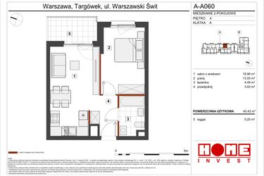 Rzut - Mieszkanie na sprzedaż 2 pokoje o powierzchni 40,43 m² - numer A-A060 w Warszawski Świt etap VII