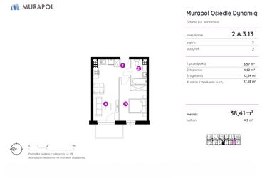Rzut - Mieszkanie na sprzedaż 2 pokoje o powierzchni 38,41 m² - numer 2.A.3.13 w Murapol Osiedle Dynamiq
