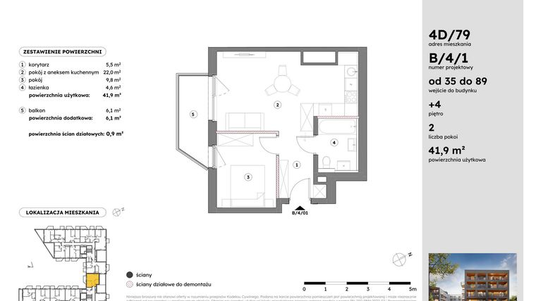 Rzut - Mieszkanie na sprzedaż 2 pokoje o powierzchni 41,9 m² - numer B/4/1 w Osiedle Mateckiego 4ALL