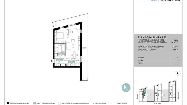 Rzut - Mieszkanie na sprzedaż 1 pokój o powierzchni 47,54 m² - numer A1 76 w Mikato