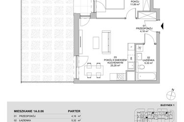 Rzut - Mieszkanie na sprzedaż 2 pokoje o powierzchni 46,65 m² - numer 1A.0.06 w Francuska Park VIIIB