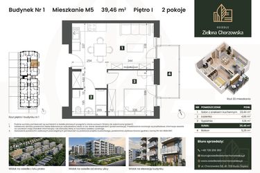 Rzut - Mieszkanie na sprzedaż 2 pokoje o powierzchni 39,46 m² - numer B1.M5 w Osiedle Zielona Chorzowska